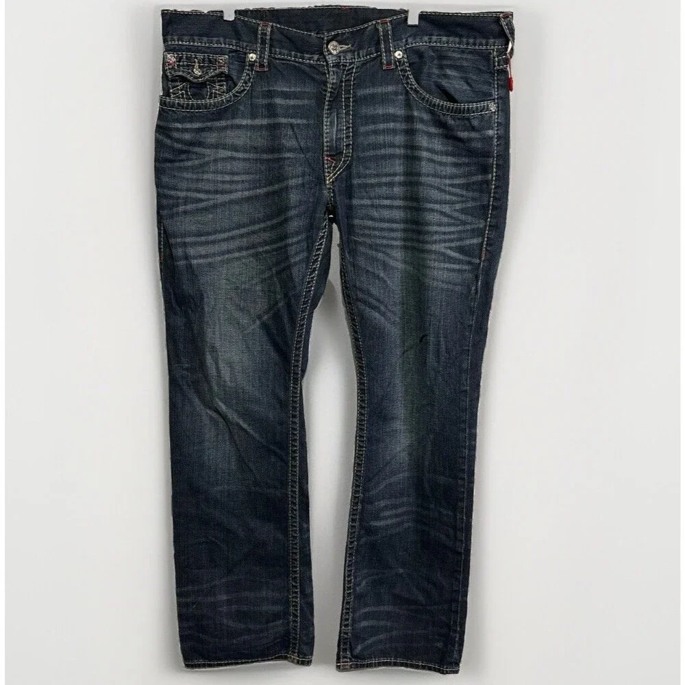 True Religion Straight Jeans Mens 40 x 33 Dark Wash Flap Pockets Big T Earthworm